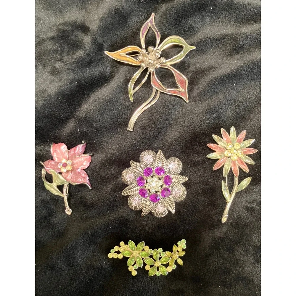 Floral Brooch Lot Women Multicolor Enamel Rhinestone Crystal 5pc